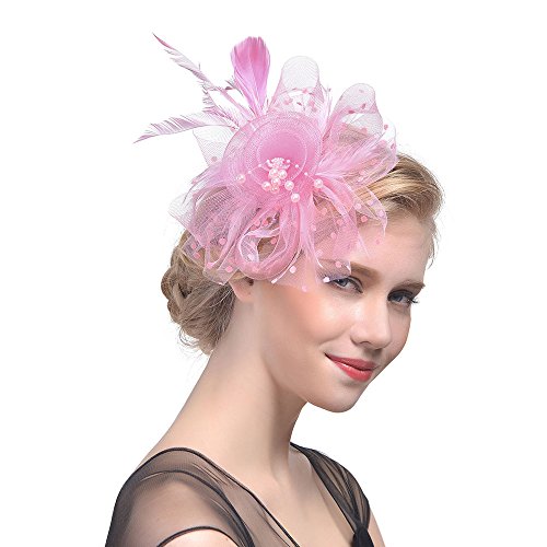 Qixiu Mesh Flower Tea Women Cocktail Bands Headbeige Federn Hut Party Brautmaterial Stirnbänder Herren (Pink, One Size) von Qixiu