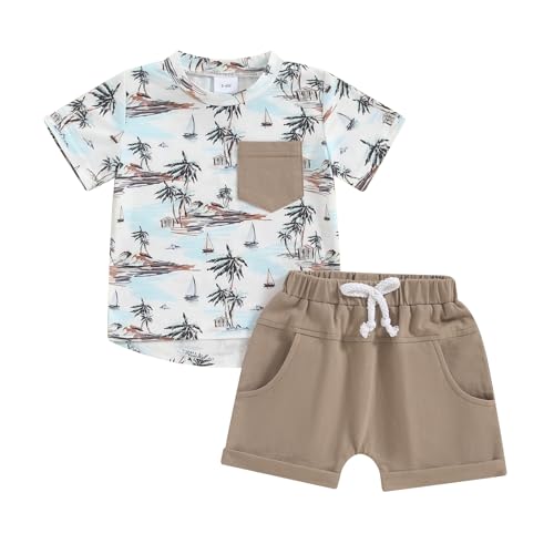 Qsurluck Säugling Baby Boy Outfit 2Pcs Sommer Kleidung Nette Plaid Print Kurzarm T Shirt Neugeborene Baumwolle Weiche Shorts (Coffee, 12-18 Months) von Qsurluck