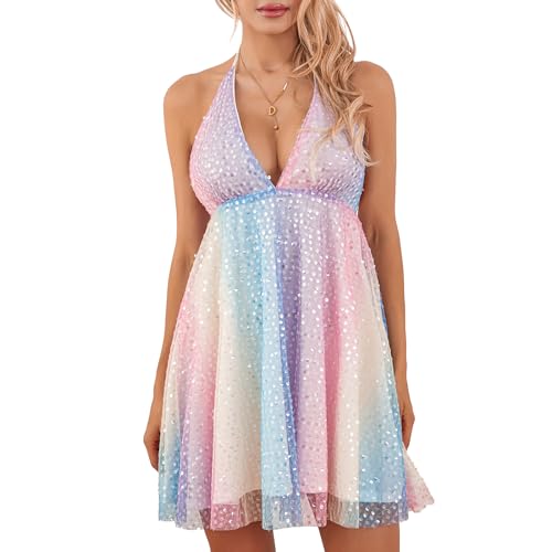 Qtinghua Glitzerndes Pailletten-Minikleid für Damen, kurzärmelig, Babydoll-Pailletten, T-Shirt-Kleid, gestuftes Tunika-Kleid, Konzert-Partykleid, Bunter V-Ausschnitt B, M Qtinghua Glitzerndes Pailletten-Minikleid für Damen, kurzärmelig, Babydoll-Pailletten, T-Shirt-Kleid, gestuftes Tunika-Kleid, Konzert-Partykleid, Bunter V-Ausschnitt B, M von Qtinghua