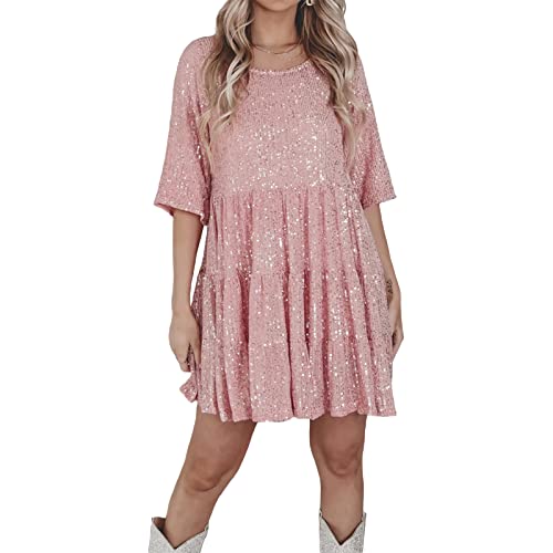 Qtinghua Glitzerndes Pailletten-Minikleid für Frauen, kurzärmelig, Babydoll-Pailletten-T-Shirt-Kleid, gestuftes Tunika-Kleid, Konzert-Partykleid, rose, L von Qtinghua