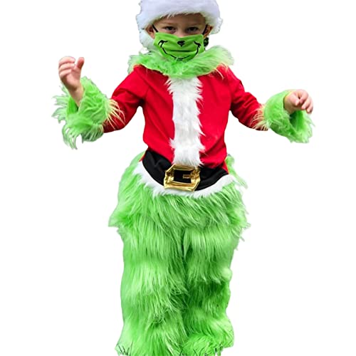 Qtinghua Weihnachten Grinch Santa Kostüm Deluxe mit Hut, Halloween Xmas Lustiges Cosplay Kostüm Requisiten für Erwachsene Kinder, Grüne Kinder, 7-8 Jahre von Qtinghua