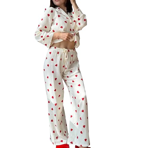 Qtinghua Zweiteiliges Pyjama-Set für Damen, Valentinstag, langärmelig, Herzdruck, Button-Down-Shirts, Hose, Y2K, Loungewear, Nachtwäsche (F White, L), F Weiß, 42 von Qtinghua