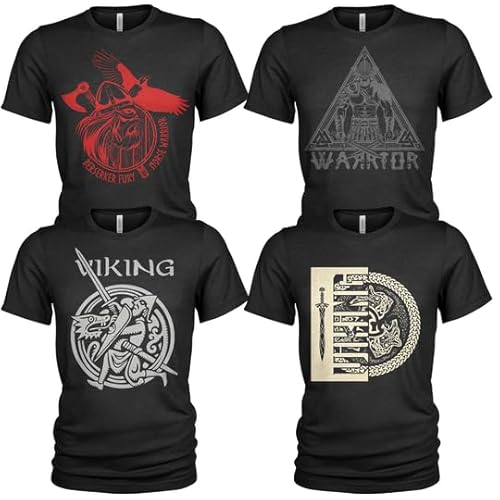 4er-Pack T-Shirt Nordischer Wikinger | Rabe | Runen | Walküre | Ragnarök | Vikings | Walhalla | Midgard | Tshirt der nordischen Mythologie von Quarter Mile Clothing