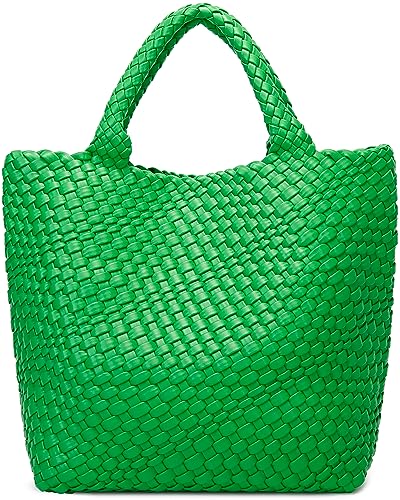 Queenoris Gewebte Tasche für Damen, veganes Leder, Tragetasche, Sommer, Strand, Reisen, Handtasche und Geldbörse, Retro-Stil, handgefertigte Umhängetasche, groß, Papageiengrün, Large von Queenoris