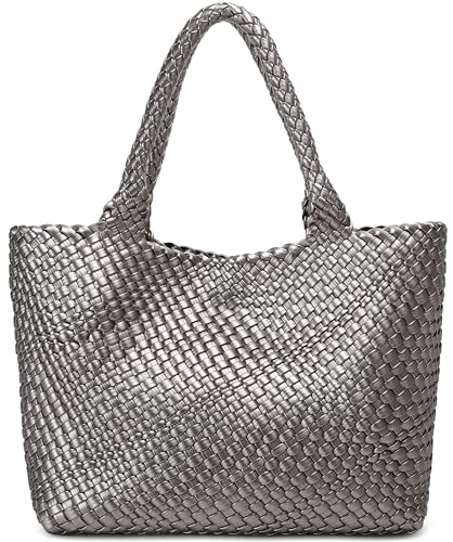 Queenoris Gewebte Tasche für Frauen, Mode Top Griff Umhängetasche Veganes Leder Shopper Tasche Große Reisetasche, silber von Queenoris