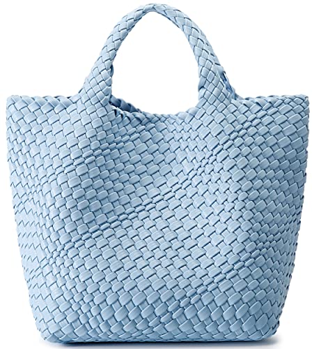 Queenoris Gewebte Tasche für Damen, veganes Leder, Tragetasche, Sommer, Strand, Reisen, Handtasche und Geldbörse, Retro-Stil, handgefertigte Umhängetasche, groß, Himmelblau, Large von Queenoris