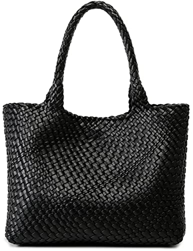 Queenoris Gewebte Tasche für Frauen, Mode Top Griff Umhängetasche Veganes Leder Shopper Tasche Große Reisetasche, Schwarz, Large von Queenoris