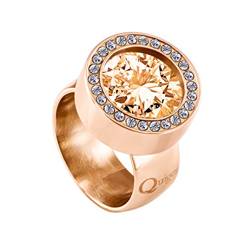 Quiges Wechselring Rosegold Ring Edelstahl mit Zirkonia 12mm Mini Coin Halter und Zirkonia Coin Champagne in Größe 19mm von Quiges