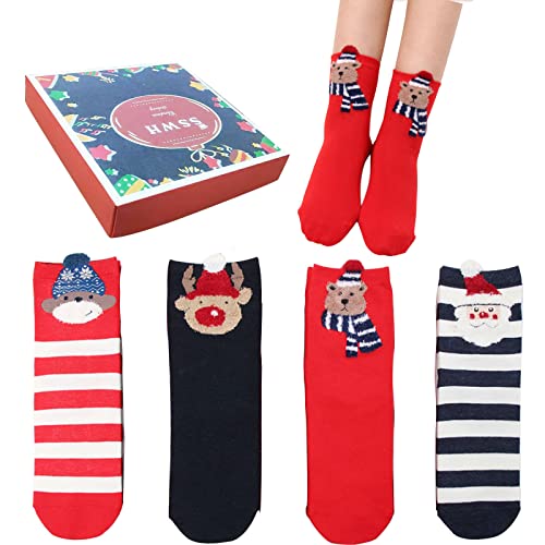 Qunkun 4 Paar Weihnachten Baumwolle Socken Damen, Geschenk Weihnachtssocken, Niedliche Tiermuster Cartoon Socken für Zuhause Weihnachten Ornament Weihnachtsgeschenke Neujahrsgeschenk (C) von Qunkun