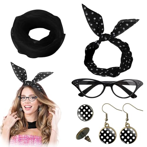 Quxvena Rockabilly Accessoires Damen, Faschingskostüme Verkleidung Damen 50er Jahre Accessoires Rockabilly Damen, Chiffon Schal Brille Bandana Krawatte Stirnband Ohrringe für Fasching von Quxvena