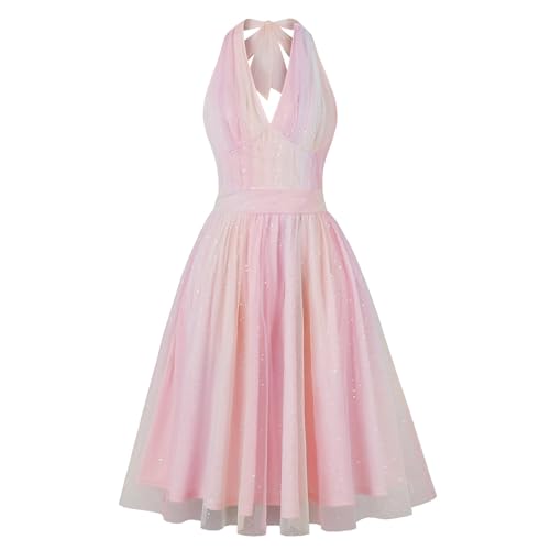 QzSSbii Kleid mit offenem Rücken für Damen, lässig, bronzierende Pailletten, 50er-Jahre, Cocktailkleid, Regenbogen-Mesh-Kleid, eleganter Ausschnitt, ärmelloses Kleid, Frühling und Sommer, kurze Ärmel, von QzSSbii