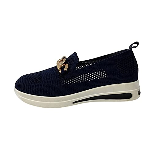 Wanderschuhe für Damen, Schlupfschuhe für Damen, Netzstoff, atmungsaktiv, leicht, lässig, Sneaker mit Kette, bequem, klobig, Plateau, Keilabsatz, weiche Damen-Tennis-Turnschuhe, dunkelblau, 37.5 EU von QzSSbii