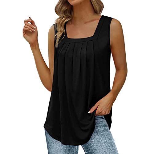 Qzeanxy Tank Top Damen Quadratischer Hals 2024 Trendy Ärmellose Oberteile Tunika Blusentops Elegant Leicht Und Luftig Shirts Trägershirt Sommer Mit Falten Lockere Tops Für Damen von Qzeanxy