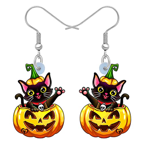 RAIDIN Acryl Halloween Ohrringe Charms schwarze Katze mit Kürbis Fisch Haken baumeln Tropfen Ohrringe Tiere Schmuck für Frauen Mädchen Party Festival Geschenke Dekorationen (Gold) von RAIDIN