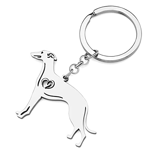 RAIDIN Edelstahl 18K Gold Silber Plattiert Süße Schlüsselanhänger Hund Schlüsselring für Damen Mädchen Geschenke Auto Geldbeutel Schlüssel Zubehör (Silber-152 WHIPPET) von RAIDIN