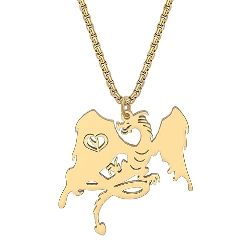 RAIDIN Edelstahl 18K Gold Silber plattiert Drache Halskette für Damen Mädchen süße antike Dinosaurier Anhänger Schmuck für Geschenke (Gold-020) von RAIDIN