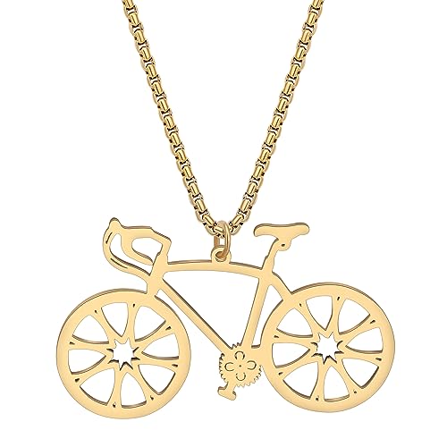 RAIDIN Edelstahl 18K Gold Silber plattiert Neuheit Fahrrad Halskette für Damen Mädchen Kinder Bike Anhänger Schmuck Geschenke für Party Favors (Gold-104) von RAIDIN