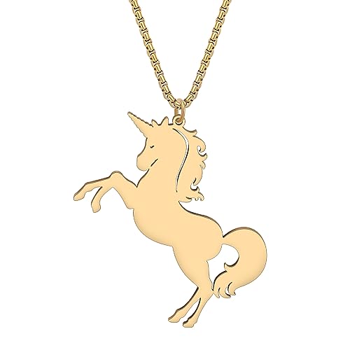 RAIDIN Edelstahl 18K Gold Silber plattiert süße Einhorn Halskette für Damen Mädchen Kinder Tier Pferd Anhänger Schmuck für Geschenke Charms (Gold-089) von RAIDIN