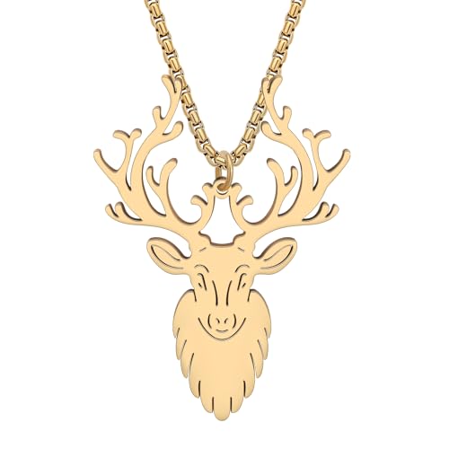 RAIDIN Edelstahl 18K Gold Silber plattiert süße Weihnachten ELK Halskette für Damen Mädchen Kinder Tier Hirsch Anhänger Modeschmuck für Geschenke Urlaub Party Dekorationen (Gold-137) von RAIDIN