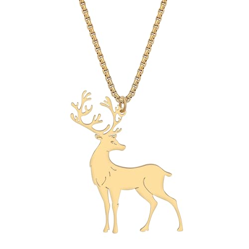 RAIDIN Edelstahl 18K Gold Silber plattiert süße Weihnachten ELK Halskette für Damen Mädchen Kinder Tier Hirsch Anhänger Modeschmuck für Geschenke Urlaub Party Dekorationen (Gold-140) von RAIDIN