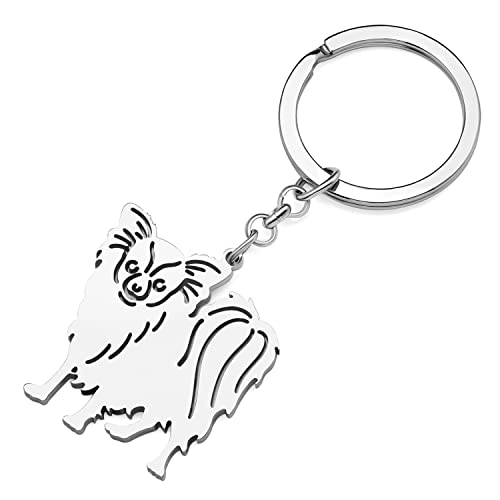 RAIDIN Edelstahl Gold Silber Plattiert Süße Schlüsselanhänger Hund Schlüsselring für Damen Mädchen Geschenke für Auto Geldbeutel Schlüssel Hundeliebhaber (Silber-158 Papillon) von RAIDIN