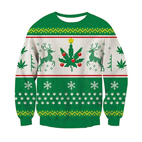 RAISEVERN Christmas Sweater Herren Männer Coole 3D Druck Grünes Weihnachtspullover Hässliche Rentier Damen Lustige Weihnachtspulli Party Geschenk, L von RAISEVERN