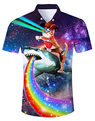 RAISEVERN Galaxie Hemden Herren Männer 3D Druck Katze Hai Lustige Hässliche Hawaii Jungen Freizeithemden Jugendliche Bad Taste Party Geschenk, M von RAISEVERN