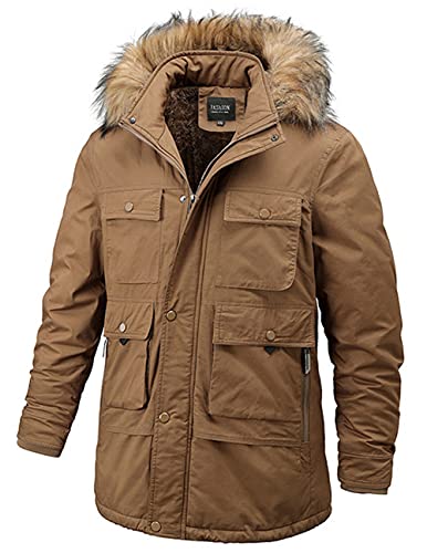 RANVAOO Herren Mantel Warme Winterjacke Parka Jacke mit Fell Wintermantel mit Kapuze Übergangsjacke Gefütterte Winterparka (Braun,XS) von RANVAOO