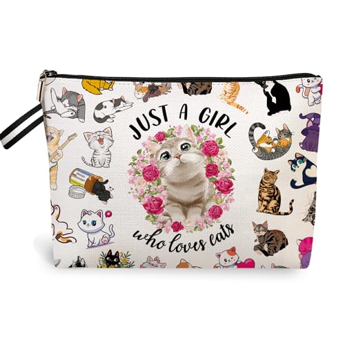 RBAFAO Just A Girl Who Loves Katze, Katzen-Make-up-Tasche, Katzen-Merch, Tierliebhaber, Katzengeschenke, Kosmetiktasche, lustiges Geburtstagsgeschenk für Mädchen und Frauen, 6M268, Beige, modisch von RBAFAO