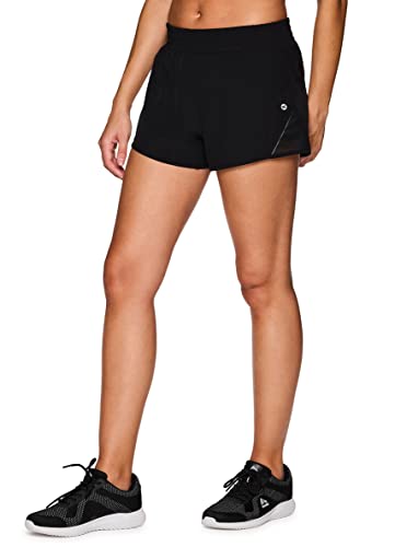 RBX Active Damen-Laufshorts mit lockerer Passform, schnelltrocknend, Stretch, gewebt, mit innenliegendem Slip und Taschen, Netzeinsatz schwarz, Groß von RBX