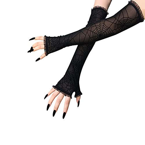 RDWESZOD Damen-Handschuhe, durchsichtig, Spinnennetz-Handschuhe, schwarze Spitze, für Halloween, Cosplay, Verkleiden von RDWESZOD