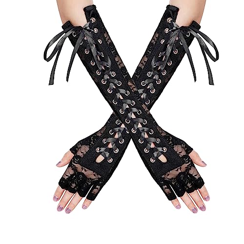 RDWESZOD Fingerlose Handschuhe für Damen, zum Schnüren, lang, Ellenbogen-Handschuhe für Kostümparty (Schwarz) von RDWESZOD