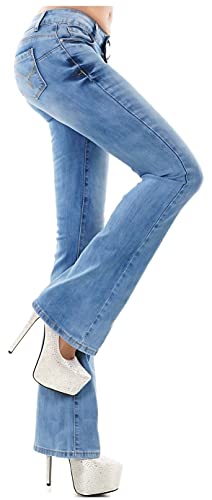 RED SEVENTY Damen Stretch Denim Skinny Boot Cut Jeans Hose Blau Faded mit Gürtel EU 39-42, Blau W355, 32 von RED SEVENTY