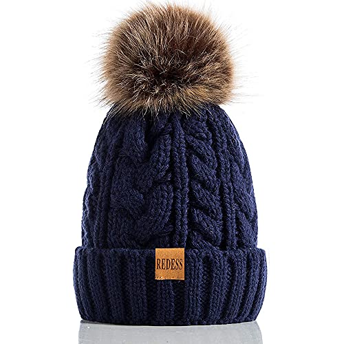 REDESS Damen Winter Bommel Beanie Mütze mit warmem Fleece gefüttert, Dicker Slouchy Snow Knit Skull Ski Cap von REDESS