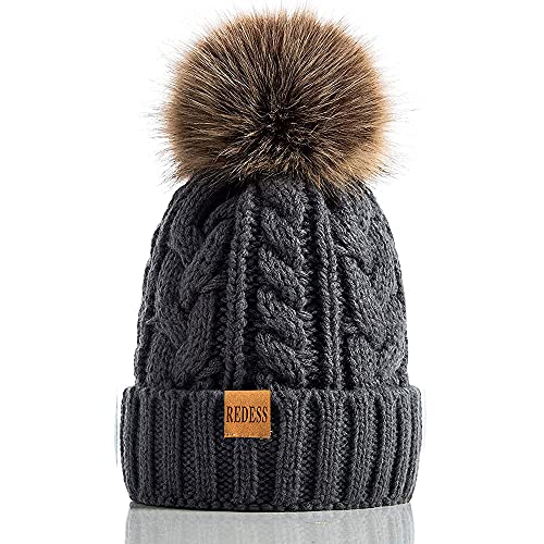 REDESS Damen Winter Bommel Beanie Mütze mit warmem Fleece gefüttert, Dicker Slouchy Snow Knit Skull Ski Cap von REDESS