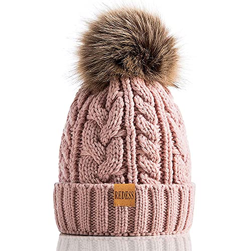 REDESS Damen Winter Bommel Beanie Mütze mit warmem Fleece gefüttert, Dicker Slouchy Snow Knit Skull Ski Cap von REDESS