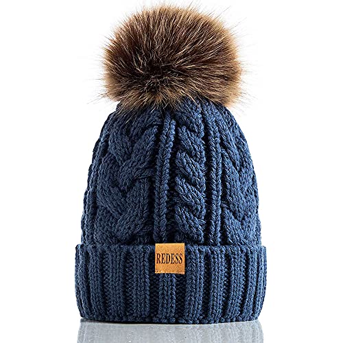 REDESS Damen Winter Bommel Beanie Mütze mit warmem Fleece gefüttert, Dicker Slouchy Snow Knit Skull Ski Cap von REDESS