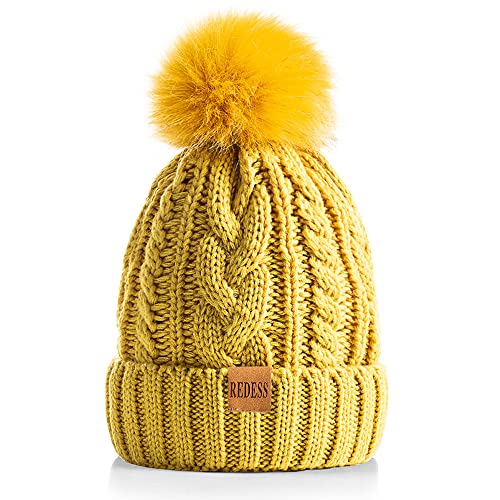 REDESS Damen Winter Bommel Beanie Mütze mit warmem Fleece gefüttert, Dicker Slouchy Snow Knit Skull Ski Cap von REDESS