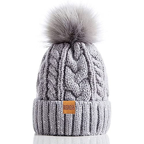 REDESS Damen Winter Bommel Beanie Mütze mit warmem Fleece gefüttert, Dicker Slouchy Snow Knit Skull Ski Cap von REDESS