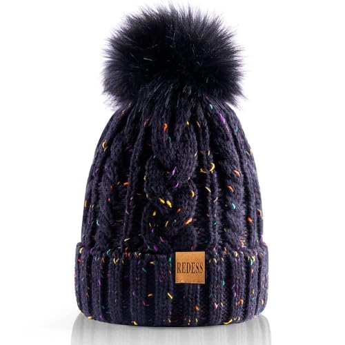 REDESS Damen Winter Bommel Beanie Mütze mit warmem Fleece gefüttert, Dicker Slouchy Snow Knit Skull Ski Cap von REDESS