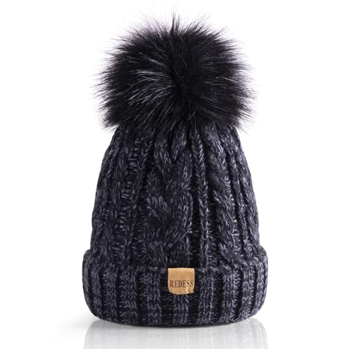 REDESS Damen Winter Bommel Beanie Mütze mit warmem Fleece gefüttert, Dicker Slouchy Snow Knit Skull Ski Cap von REDESS