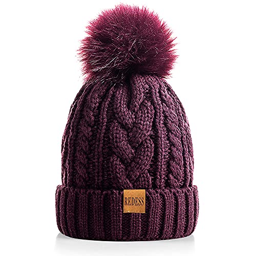 REDESS Damen Winter Bommel Beanie Mütze mit warmem Fleece gefüttert, Dicker Slouchy Snow Knit Skull Ski Cap von REDESS