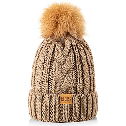 REDESS Damen Winter Bommel Beanie Mütze mit warmem Fleece gefüttert, Dicker Slouchy Snow Knit Skull Ski Cap von REDESS