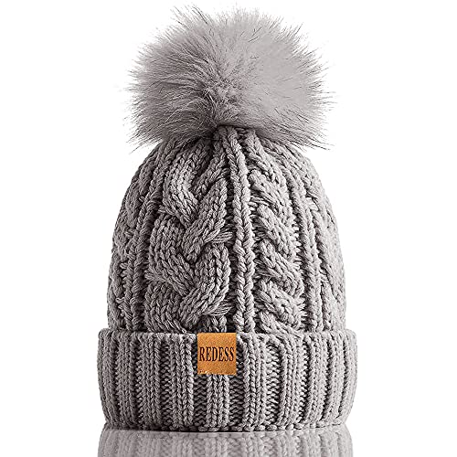 REDESS Damen Winter Bommel Beanie Mütze mit warmem Fleece gefüttert, Dicker Slouchy Snow Knit Skull Ski Cap von REDESS