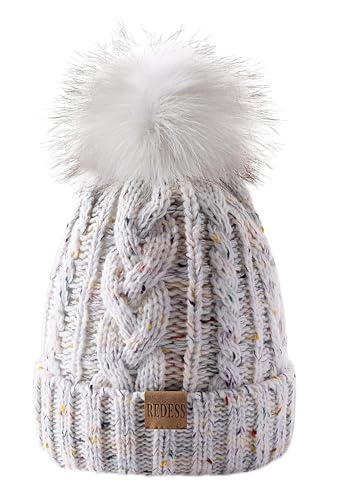 REDESS Damen Winter Bommel Beanie Mütze mit warmem Fleece gefüttert, Dicker Slouchy Snow Knit Skull Ski Cap von REDESS