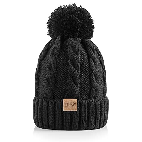 REDESS Damen Winter Bommel Beanie Mütze mit warmem Fleece gefüttert, Dicker Slouchy Snow Knit Skull Ski Cap von REDESS