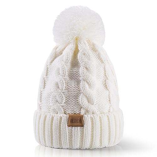 REDESS Damen Winter Bommel Beanie Mütze mit warmem Fleece gefüttert, Dicker Slouchy Snow Knit Skull Ski Cap von REDESS