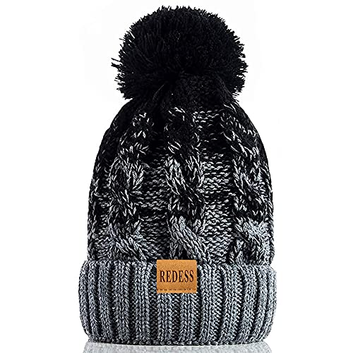 REDESS Damen Winter Bommel Beanie Mütze mit warmem Fleece gefüttert, Dicker Slouchy Snow Knit Skull Ski Cap von REDESS