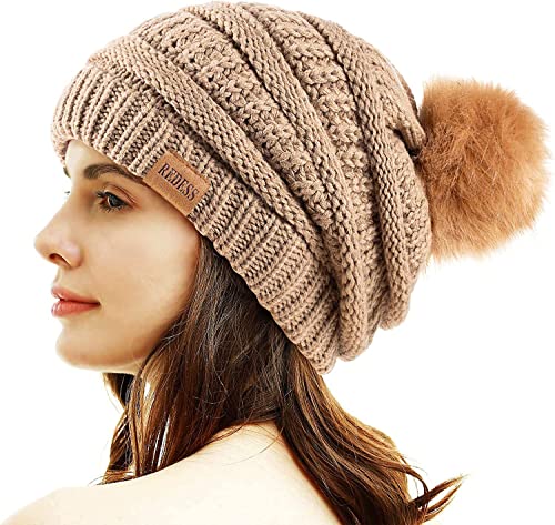 REDESS Damen Winter Pom Pom Beanie Mütze mit warmem Fleece gefüttert, Dicker Slouchy Snow Knit Chunky Baggy Skull Ski Cap von REDESS