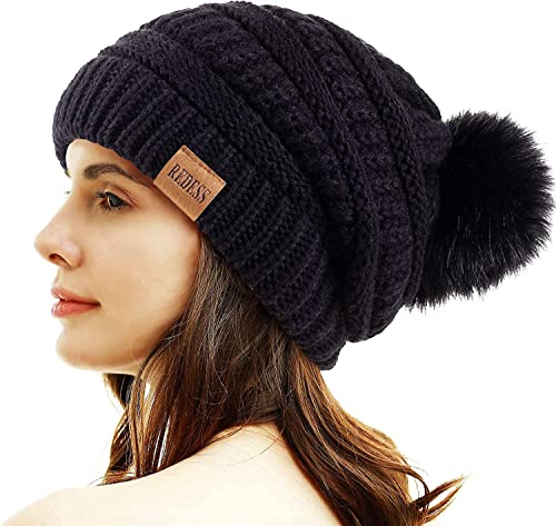 REDESS Damen Winter Pom Pom Beanie Mütze mit warmem Fleece gefüttert, Dicker Slouchy Snow Knit Chunky Baggy Skull Ski Cap von REDESS